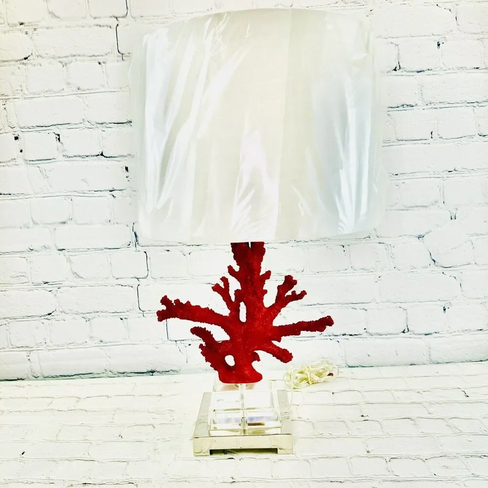 Broyhill Red Corral Lucite Reef Nautical Coastal Beach Table Lamp & Shade
